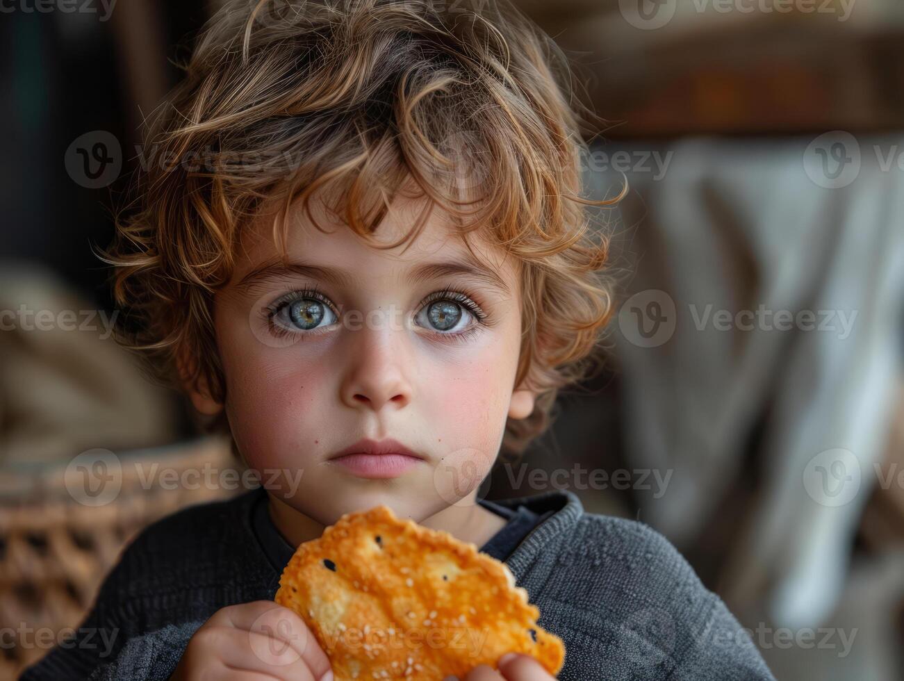 AI generated A little boy holding a piece of food. A young boy holds a piece of food in his hands, getting ready to take a bite. photo