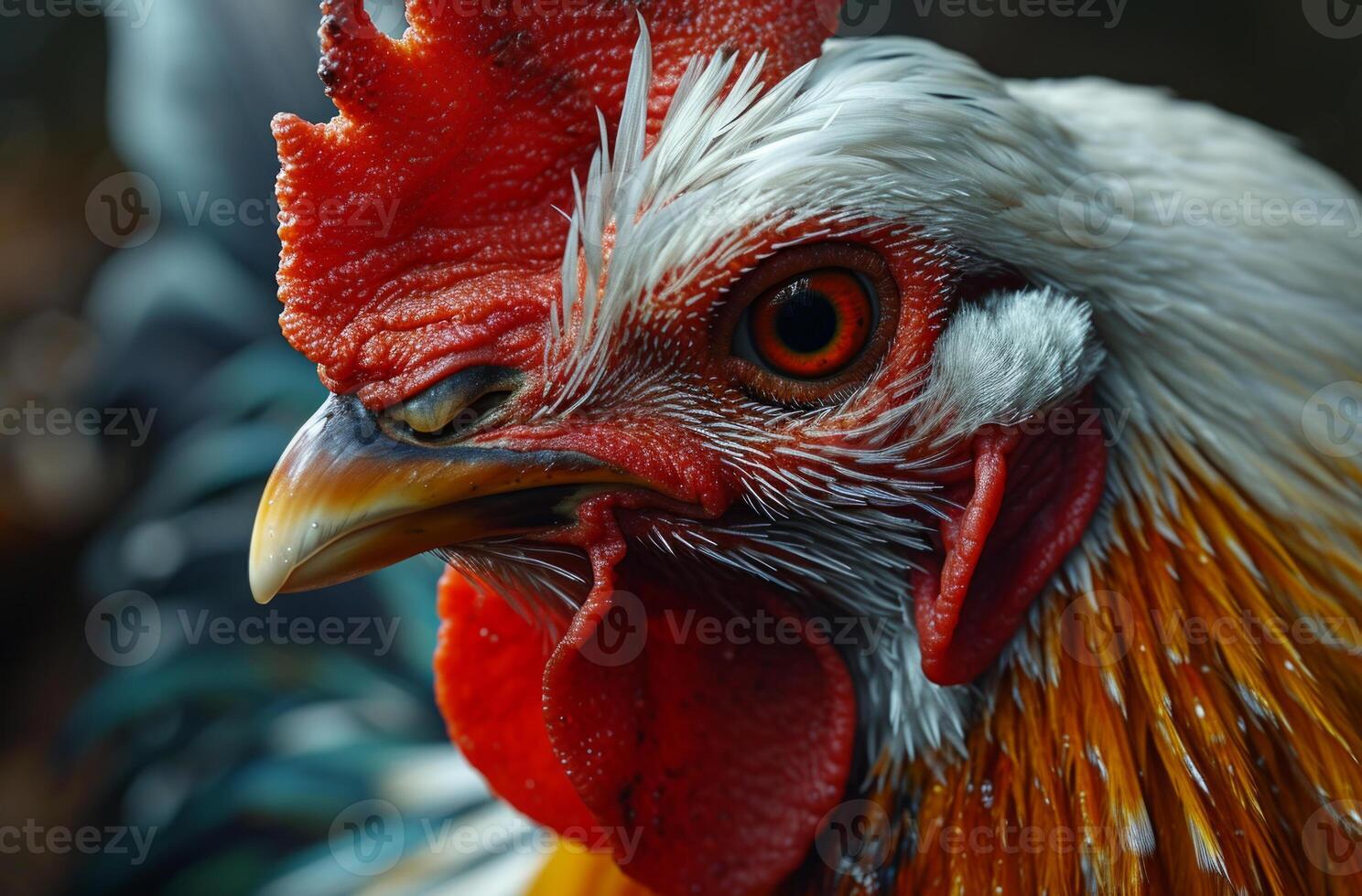 AI generated Detailed Look at Natures Beautiful Bird. Get an up-close and personal view of a roosters head, showcasing its vibrant colors, intricate feathers, and distinctive features. photo