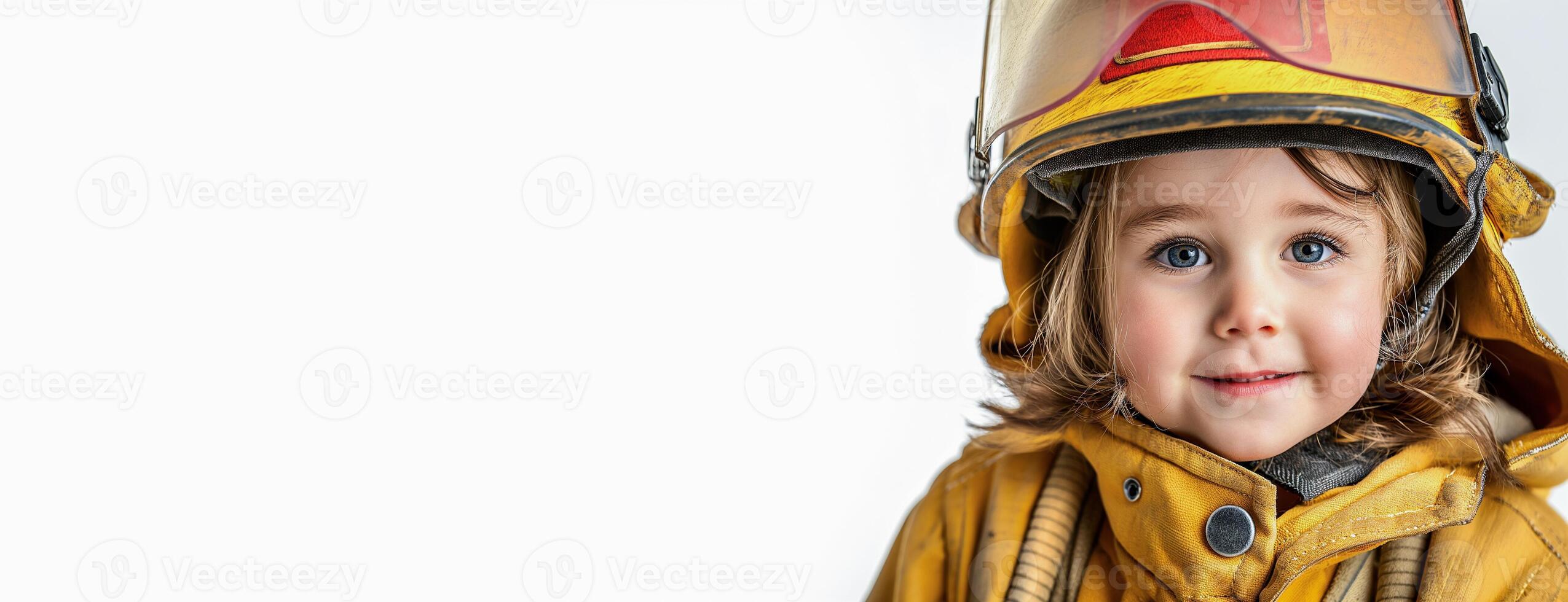 AI generated Little girl wearing firefighter outfit like the firefighter isolated on white banner background, conceptual of imagination and dream career, generative AI photo