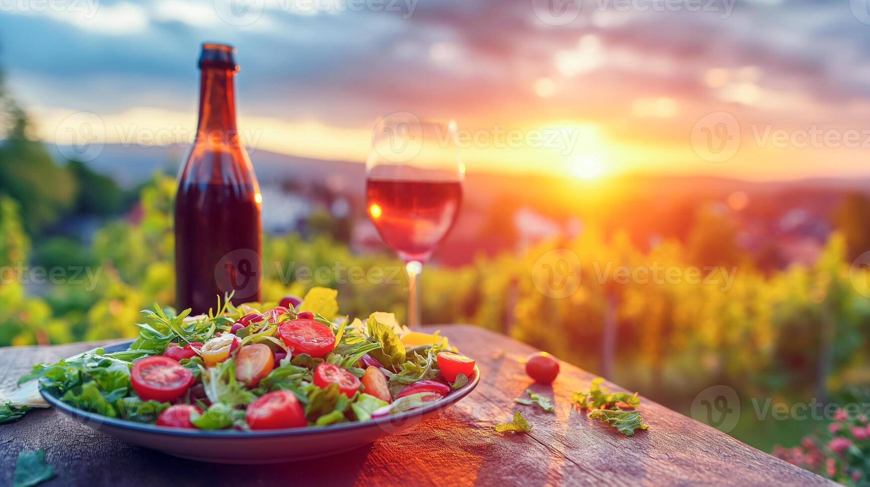 AI generated Fresh vegetable salad in a plate with dipping sauces, fresh vegetables, tomatoes, broccoli, fruits and wine bottle on wooden desk outdoor garden, Conceptual of healthy, generative AI photo