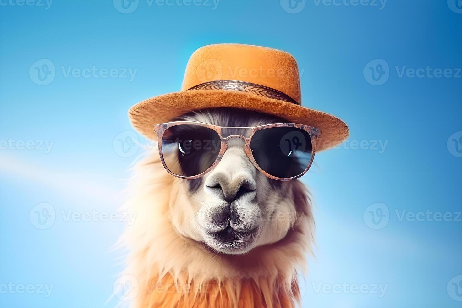 AI generated Portrait of an alpaca in sunglasses and a hat. Summer concept. AI generated photo