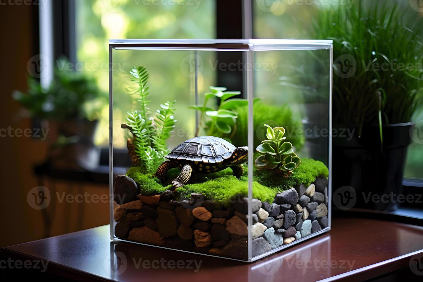 AI generated Aquarium with turtles in the interior. AI generated photo