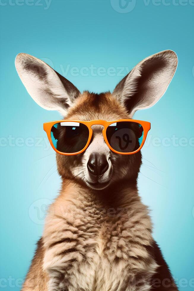 AI generated Portrait of a kangaroo in sunglasses on a blue background, studio shot. AI generated photo