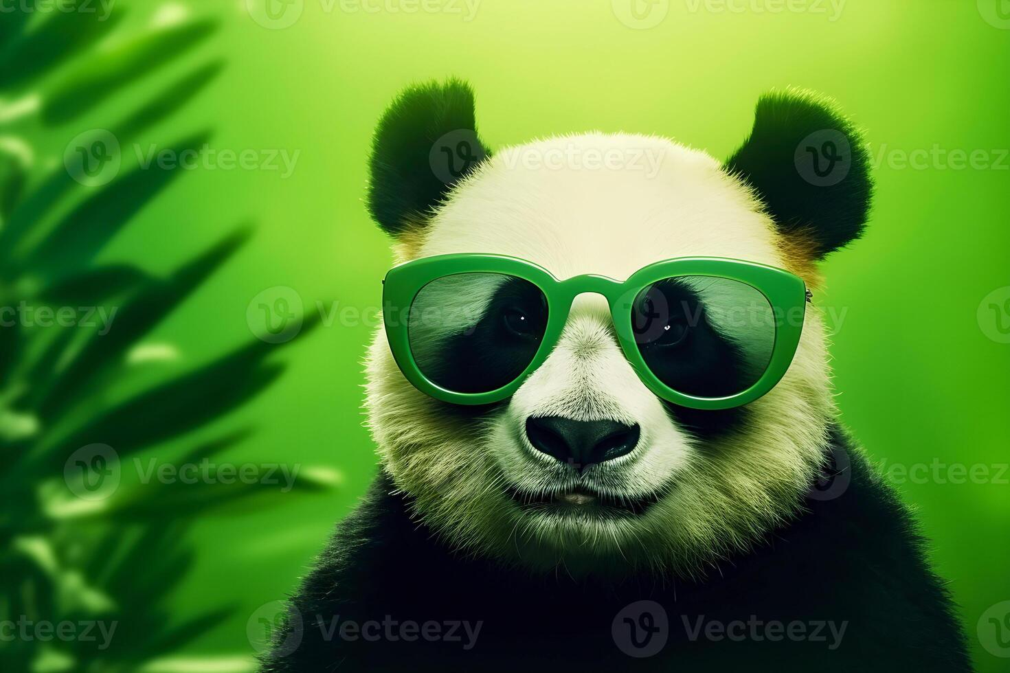 ai generado retrato de un panda en Gafas de sol en un verde antecedentes. verano concepto. ai generado foto