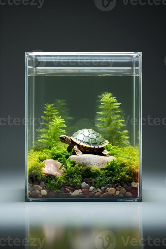 AI generated Aquarium with turtle and greens. AI generated photo