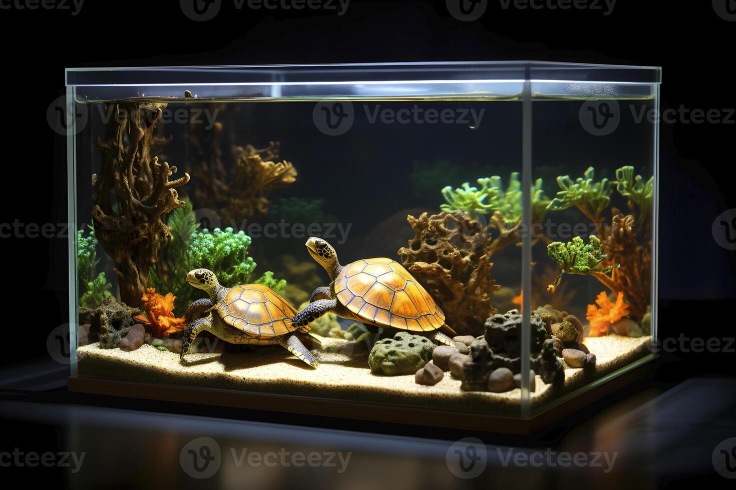 AI generated Aquarium with turtles in the interior. AI generated photo