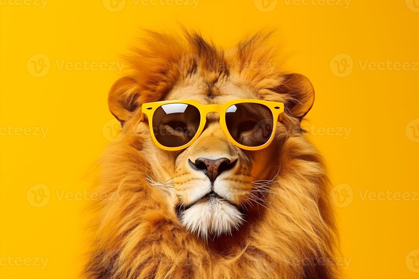 AI generated Portrait of a lion in sunglasses on a yellow background, studio shot. AI generated photo