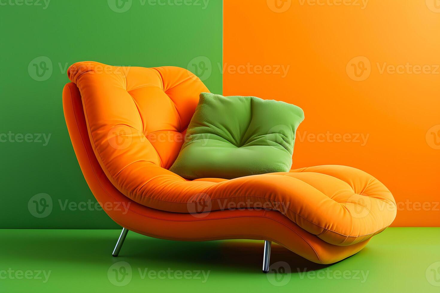 ai generado naranja diseñador Sillón en un verde habitación. negrita colores. ai generado foto