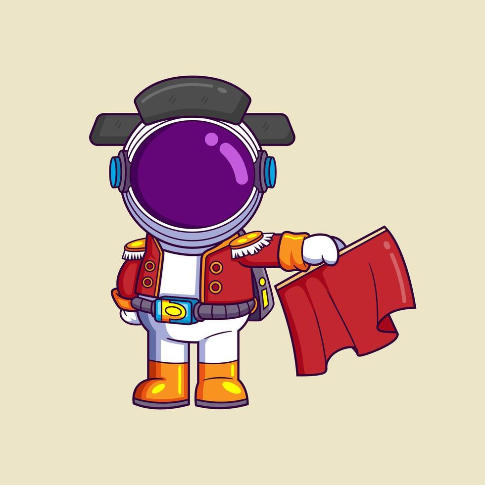 Young Astronaut in bullfighting traditional clothing with red rag is ready to fight with bull vector