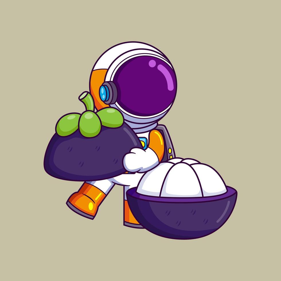Cute astronaut eating a big mangosteen cartoon character vector