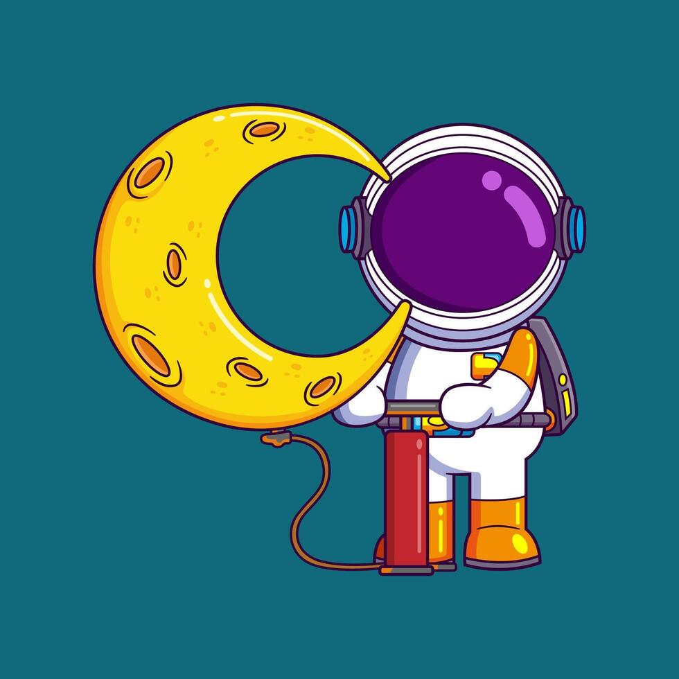 Cute astronaut pumps up a balloon of a moon cartoon character vector