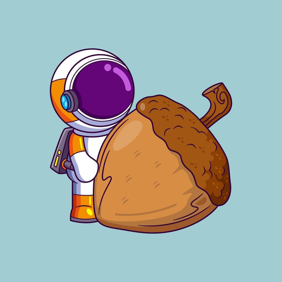 Cute astronaut holds a big acorn cartoon character vector