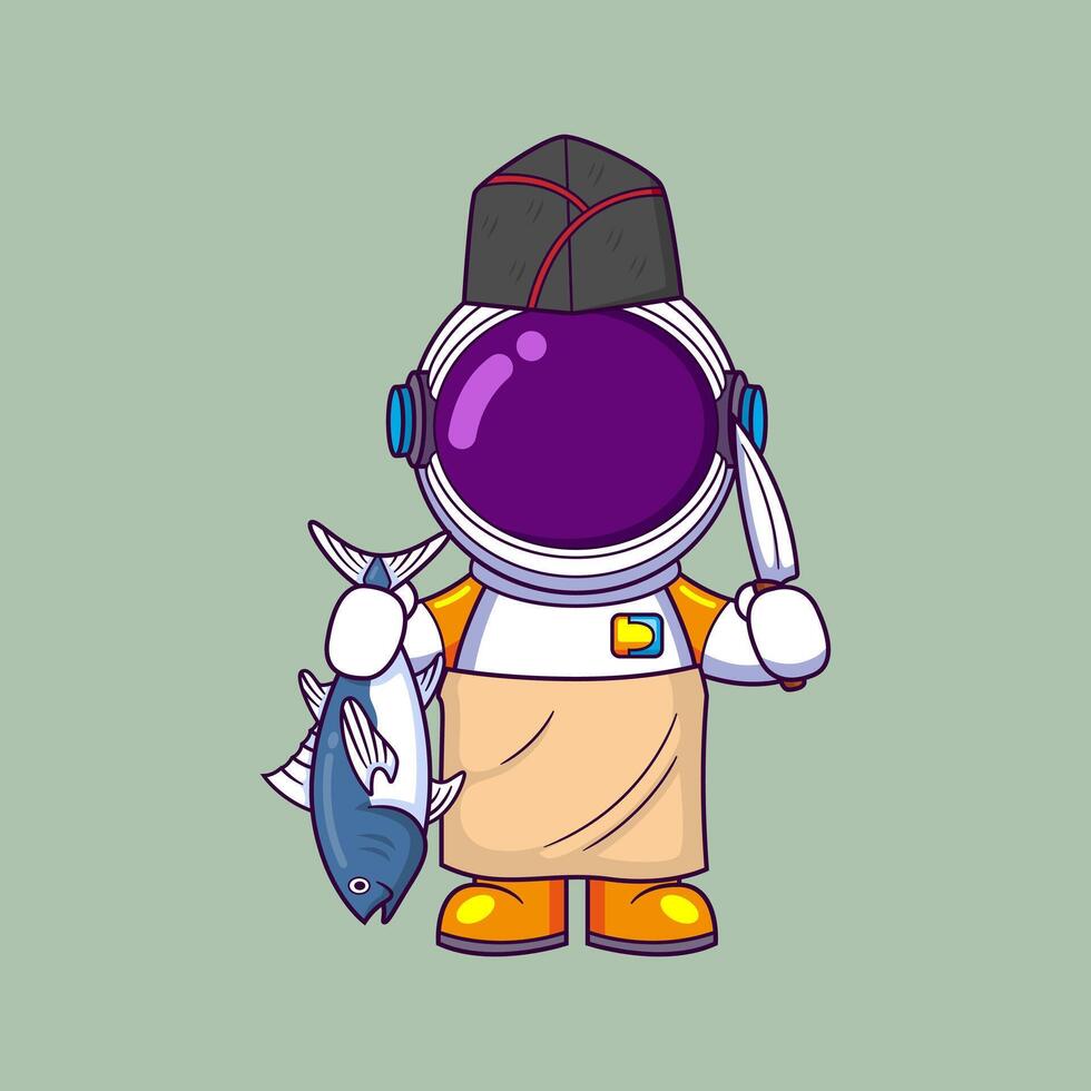 Astronaut holding knife and cook fish vector