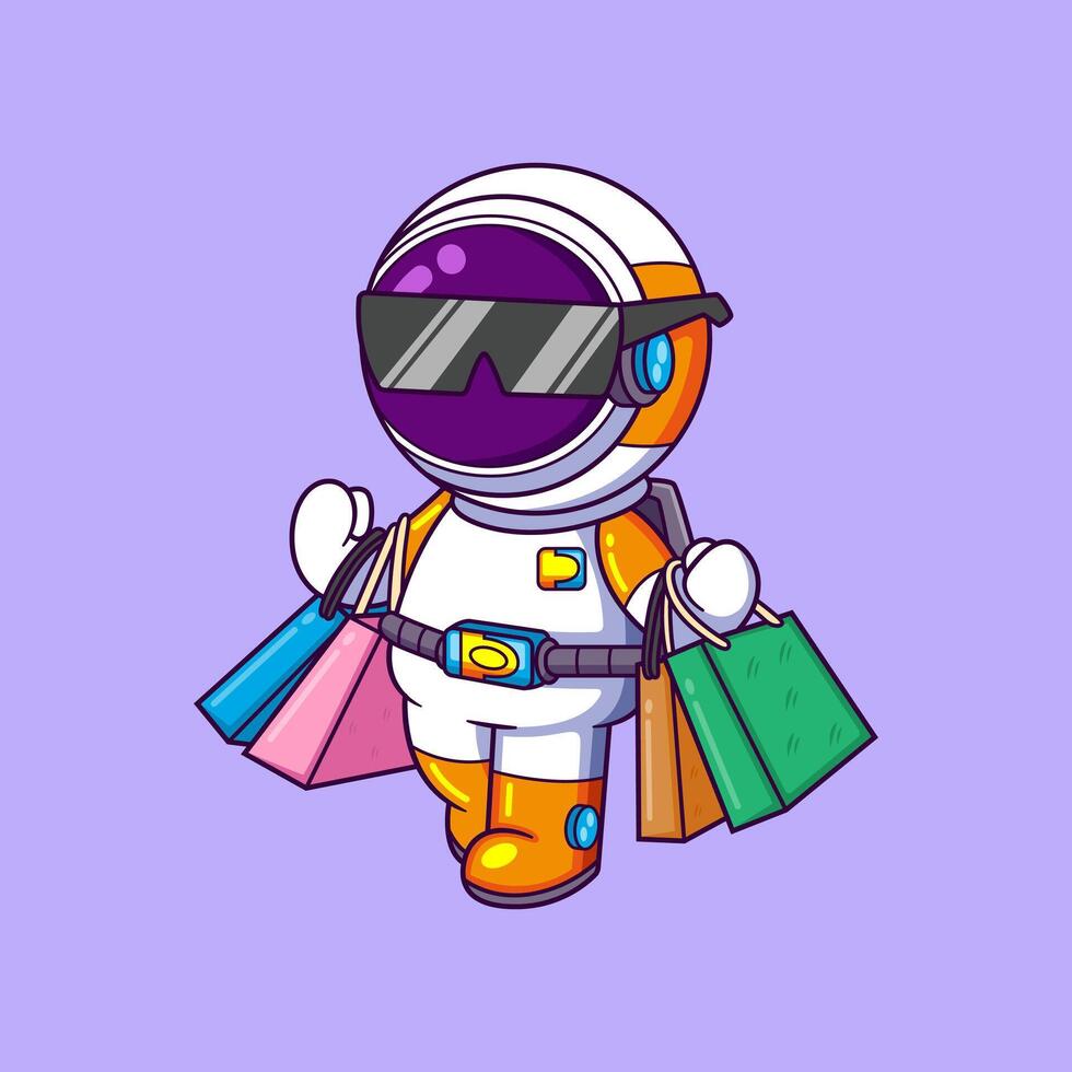 Cute astronaut hold shopping bags cartoon character vector