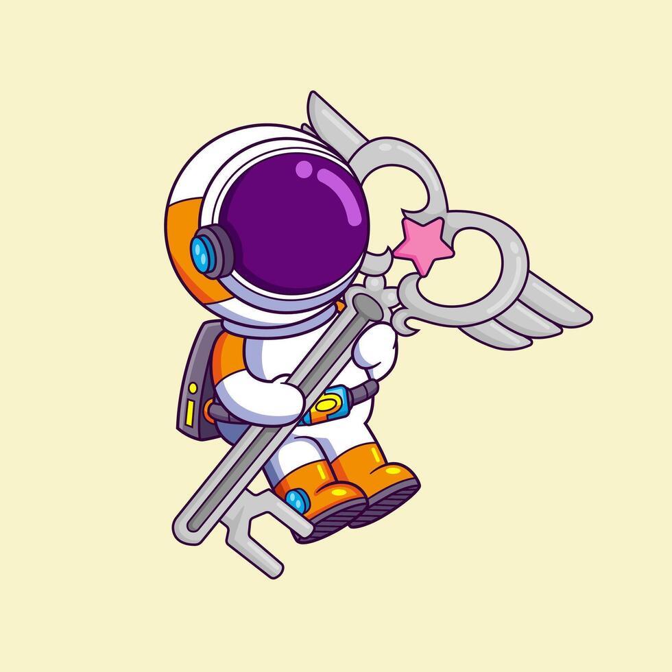 Cute astronaut holding a big key cartoon character vector