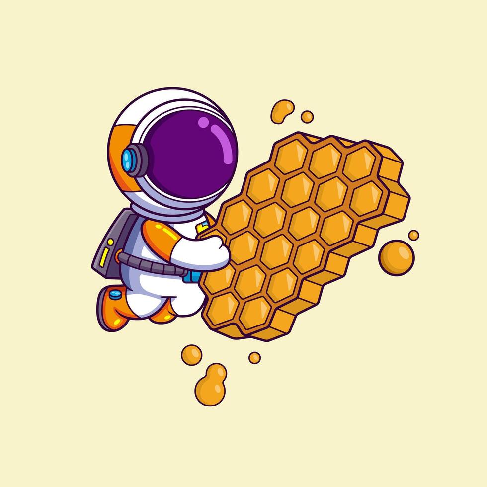 Cute astronaut with Honeycombs in the shape of hexagon, puddle of honey, vector