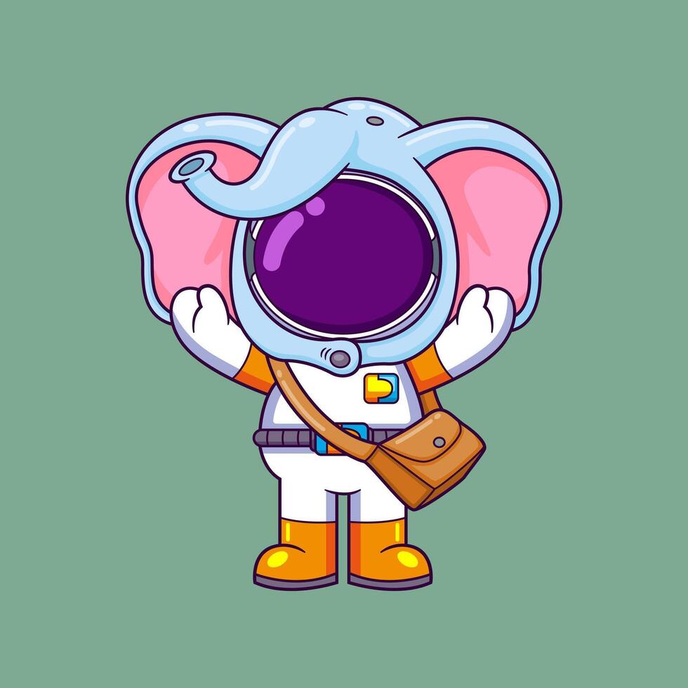 Cute astronaut using elephant hat and carrying bag cartoon character vector