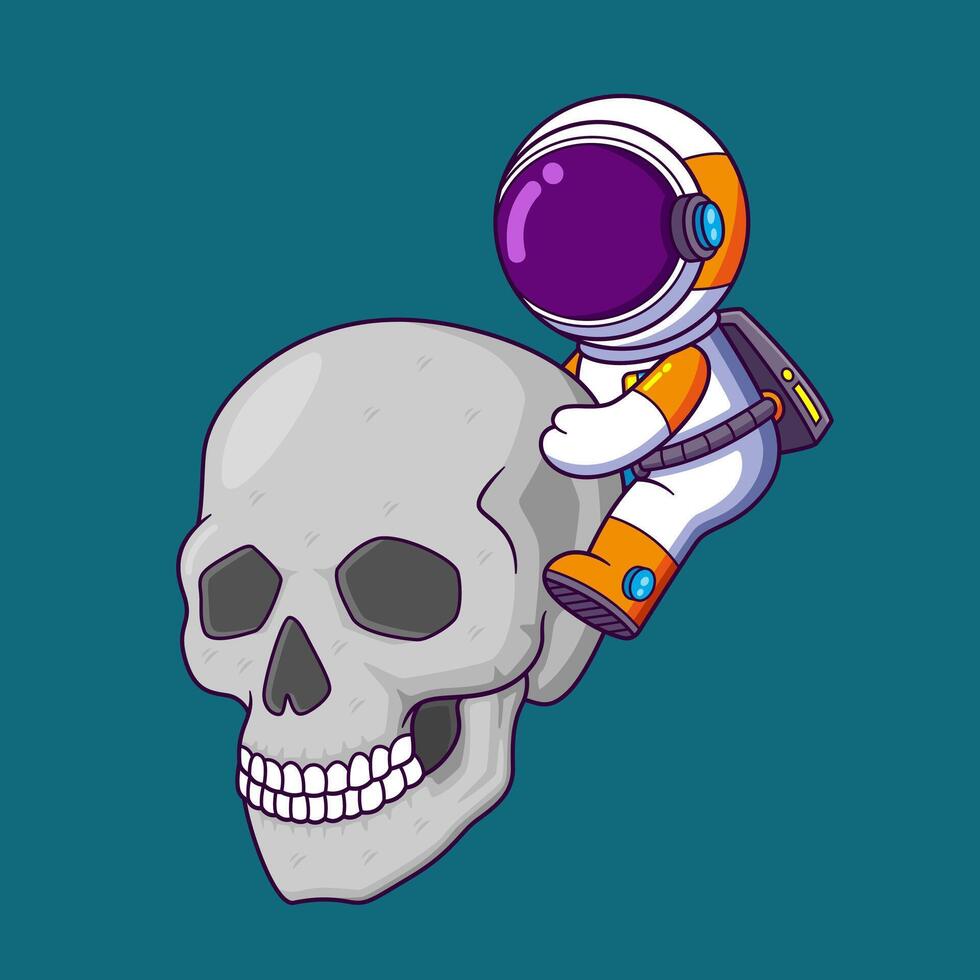 Cute astronaut climbing big sculpture skull head cartoon character vector