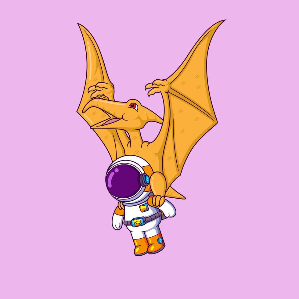 Pterodactyl flying high in sky with cute astronaut vector