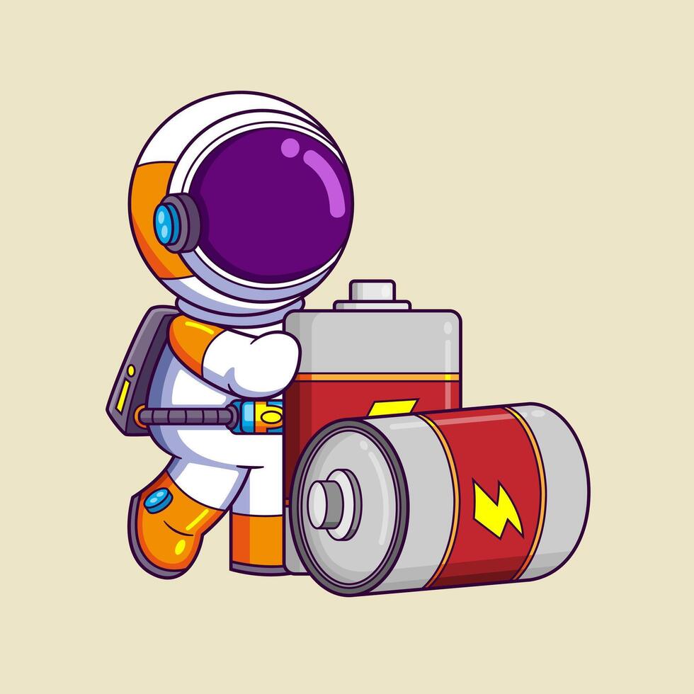 Cute astronaut carrying large batteries cartoon character vector