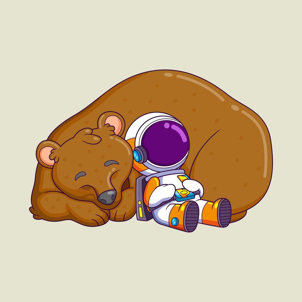 cute astronaut sleeping with very big bear animal vector