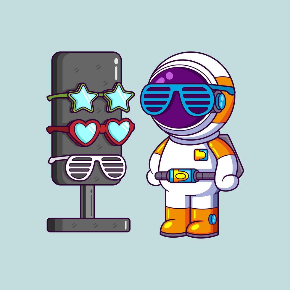 Cute astronaut is standing with set of glasses in background in optical shop vector