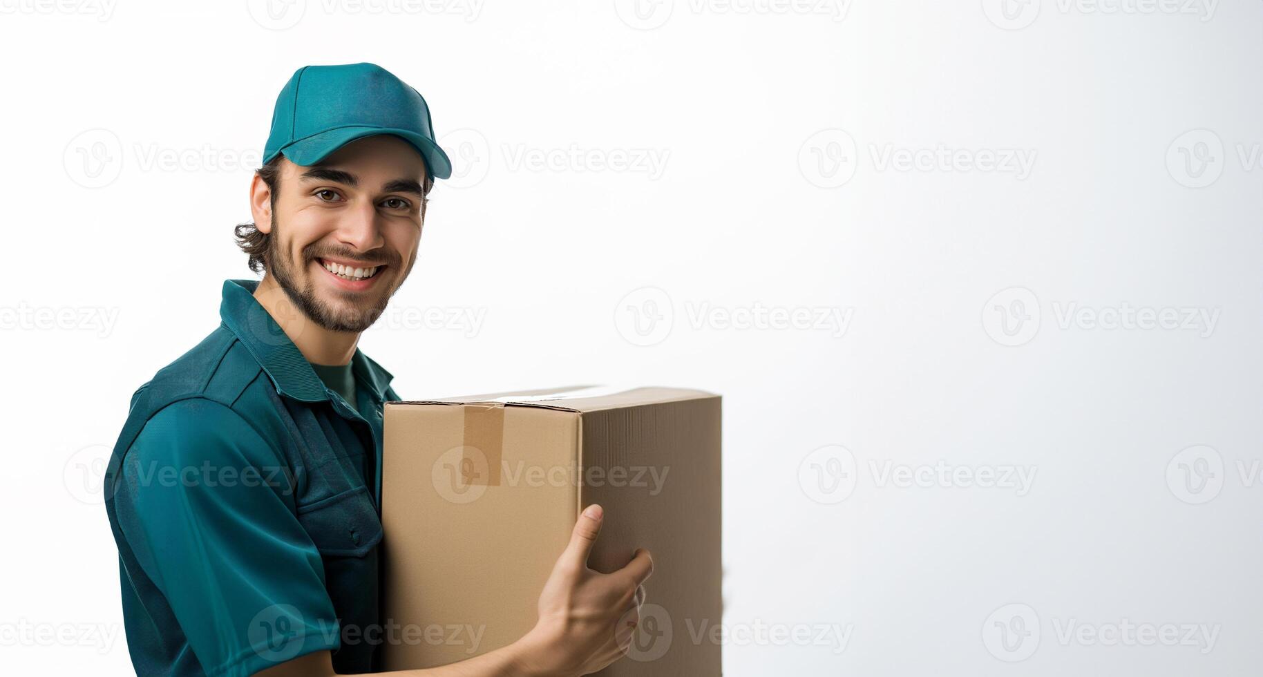 AI generated Delivery man carrying cardboard boxes with parcel while wearing uniforms and a cap isolated on white background, generative AI photo