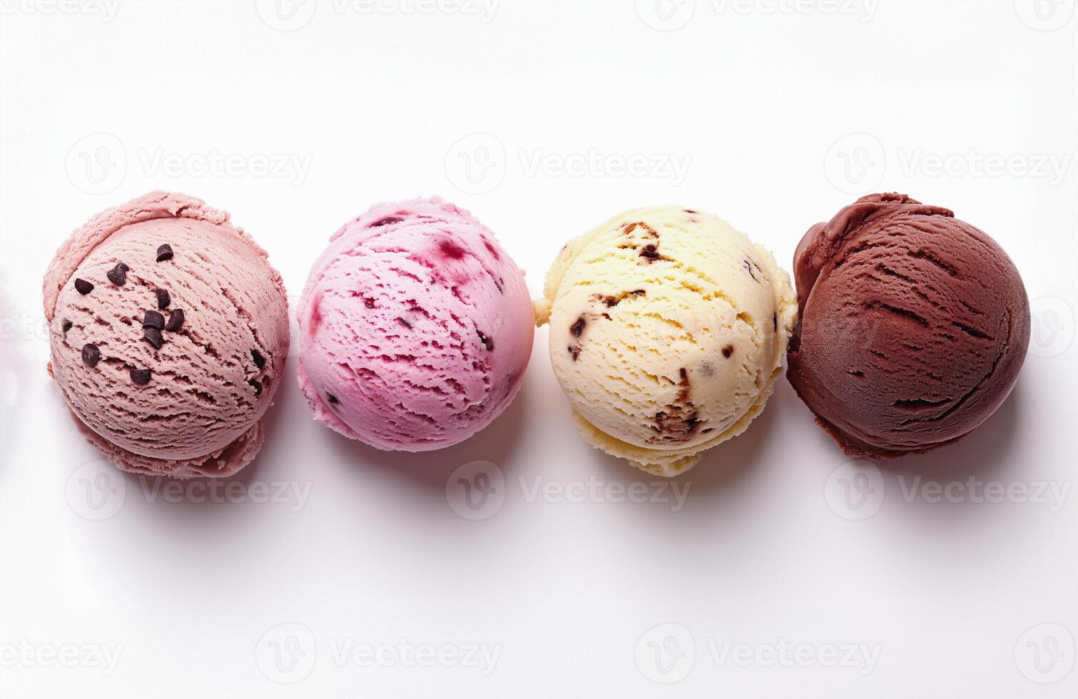 AI generated Set of four various ice cream balls or scoops isolated on white background, vanilla, strawberry, chocolate and caramel flavor, isolated on white banner background, generative AI photo