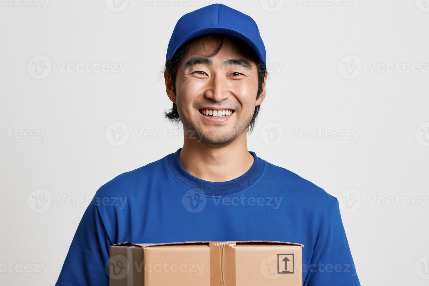 AI generated Asian delivery man holding cardboard boxes with parcel while wearing uniforms and a cap isolated on white background, generative AI photo