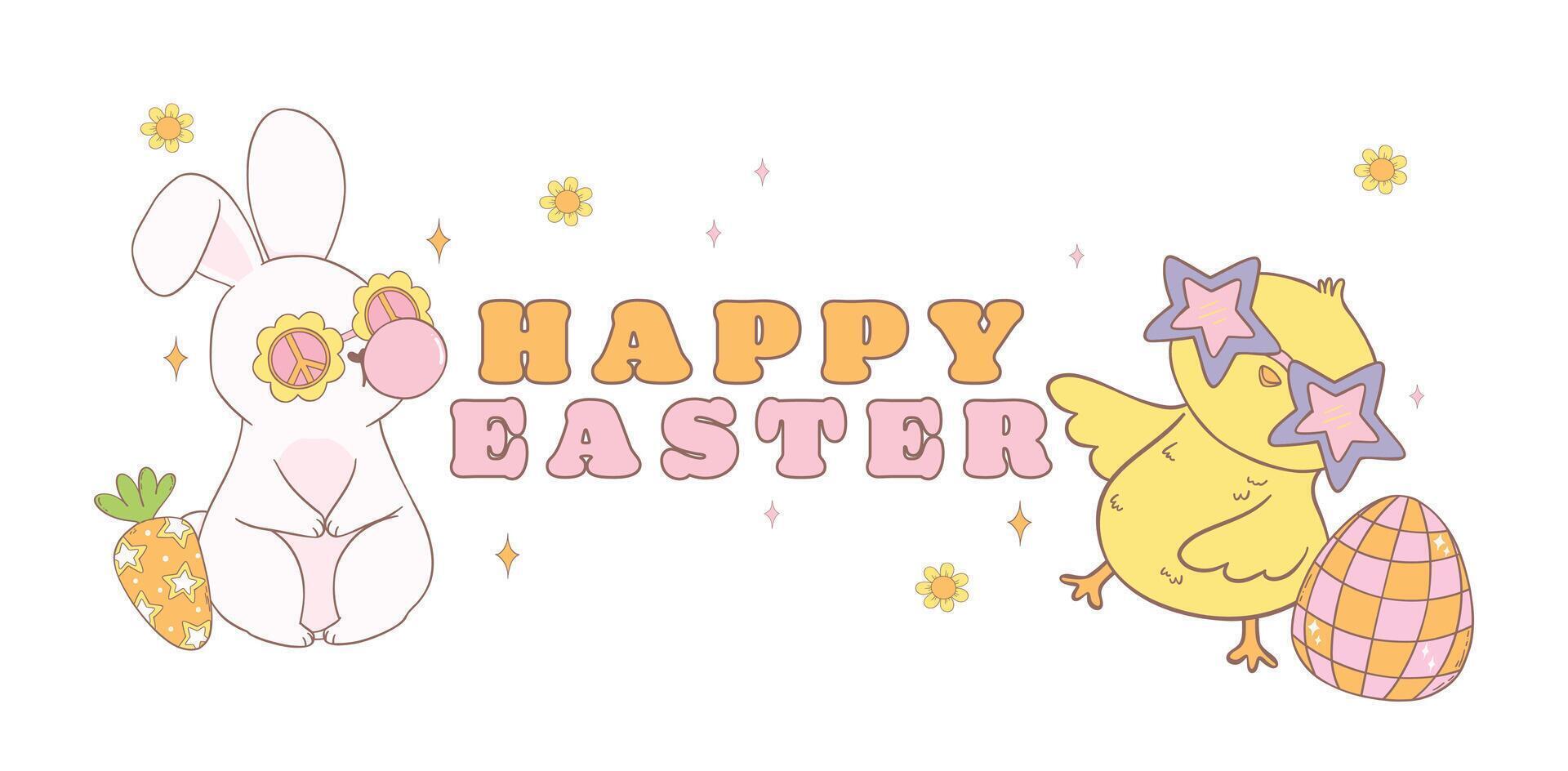 Cute Happy Easter banner with Groovy Easter Chicks and Retro bunny. Playful cartoon doodle animal character hand drawing. vector