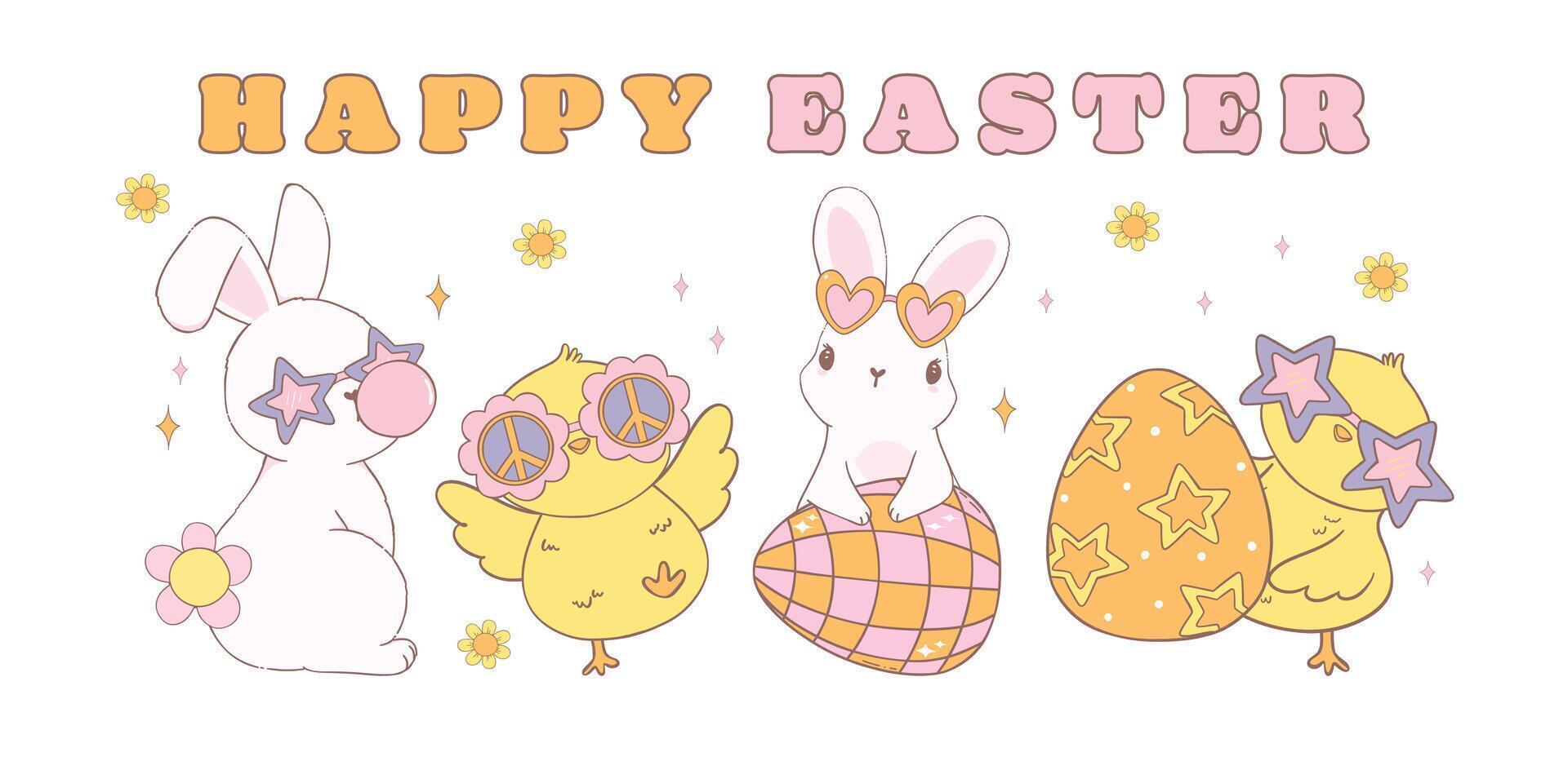 Cute Happy Easter banner with Groovy Easter Chicks and Retro bunny. Playful cartoon doodle animal character hand drawing. vector