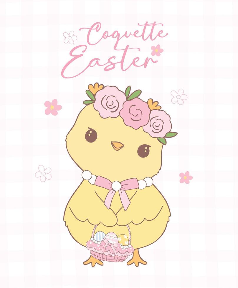 Cute Pink Coquette Easter Chick with easter egg basket Cartoon, sweet Retro Happy Easter spring animal Hand Drawing. vector