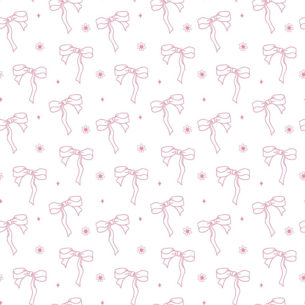 cute coquette aesthetic pattern seamless pink ribbon bow outline isolated on white background vector