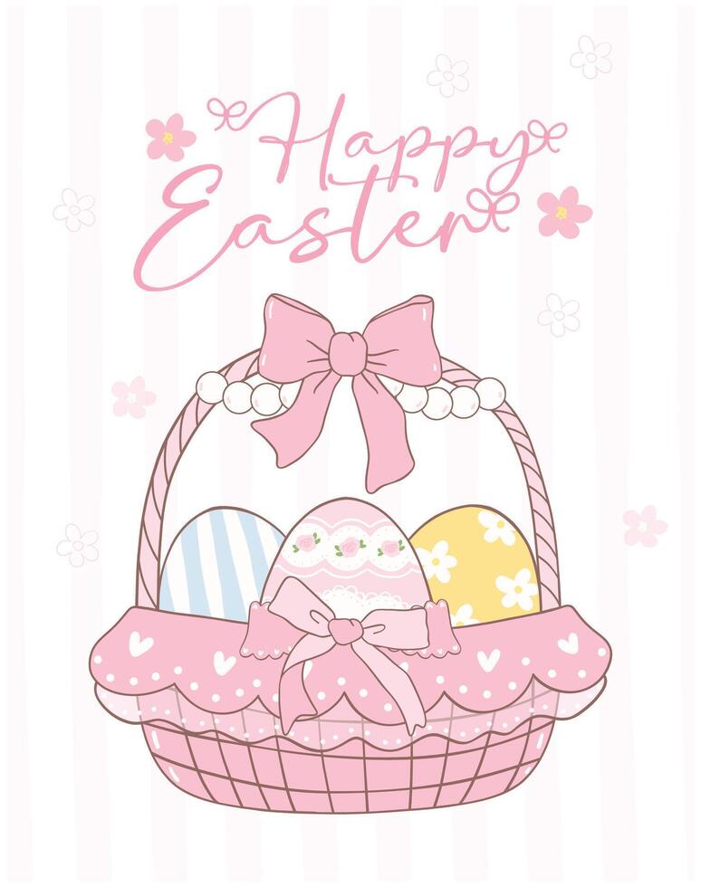 Cute Coquette Easter egg basket with pink bow Cartoon banner, sweet Retro Happy Easter spring animal Hand Drawing. vector