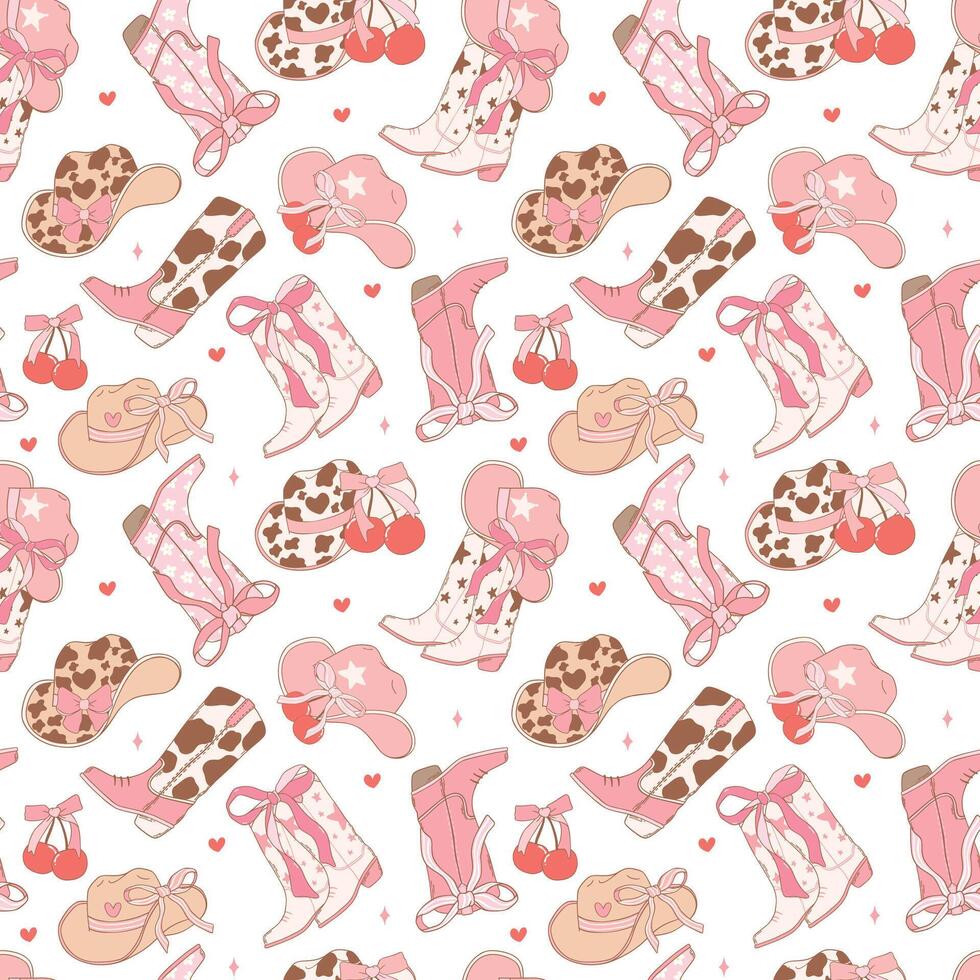 Coquette Pink cowgirl Boots and hat pattern seamless, Girly Western Digital Paper isolated on white background. vector