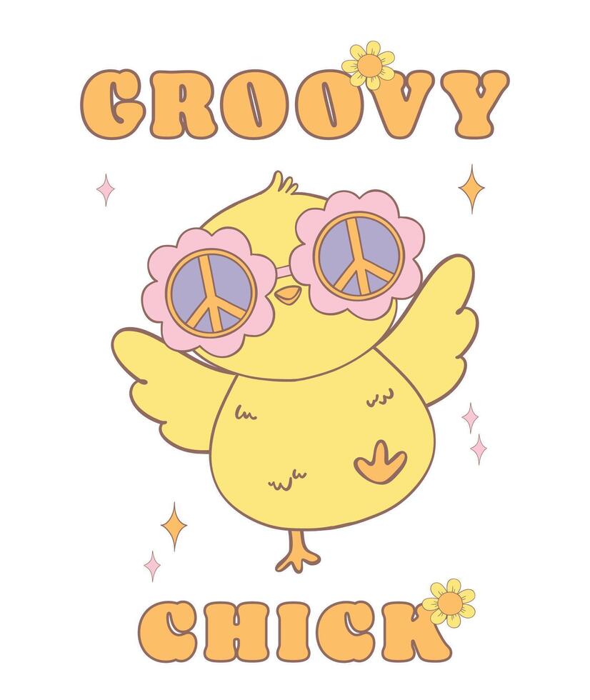 Cute Groovy Easter Chick wears star glasses. Playful cartoon doodle animal character hand drawing. vector