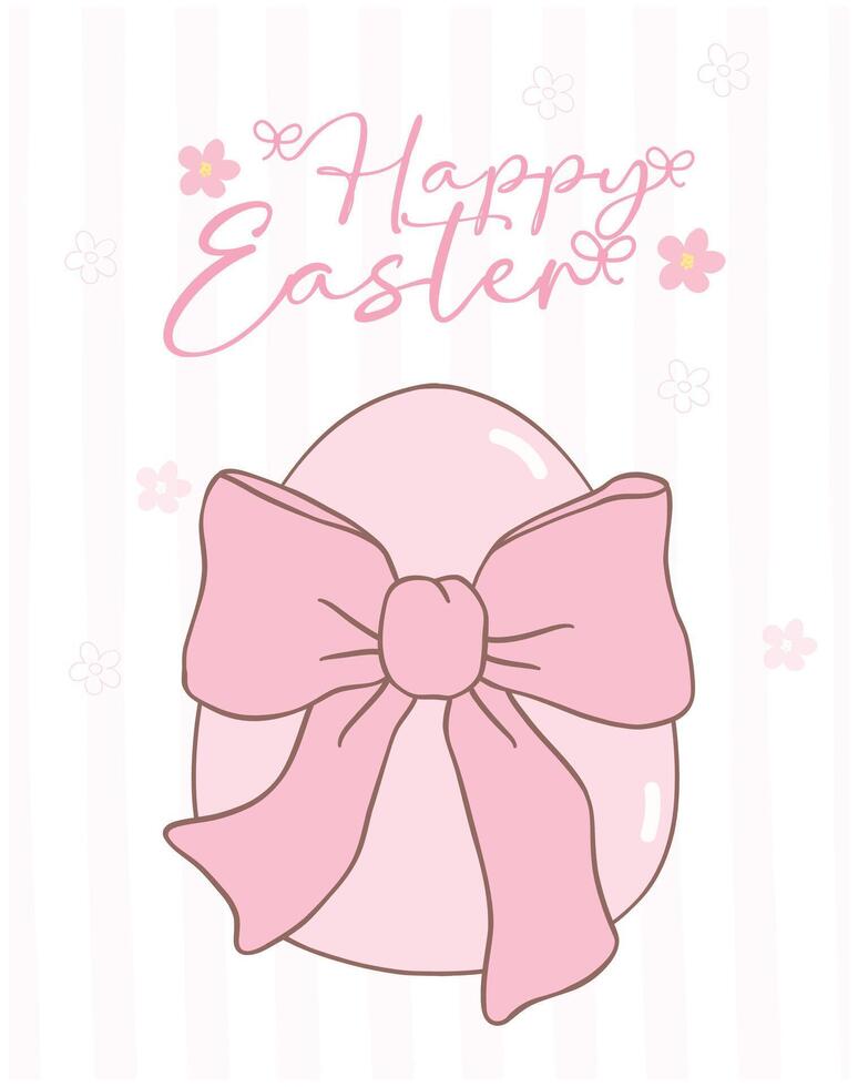 linda coqueta Pascua de Resurrección huevo con rosado arco dibujos animados bandera, dulce retro contento Pascua de Resurrección primavera animal mano dibujo. vector