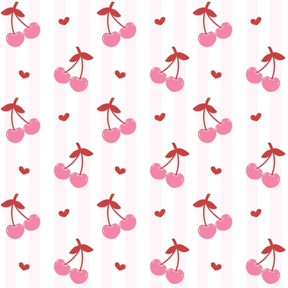 Coquette cherry with bow seamless pattern, preppy pink background isolated on white. vector