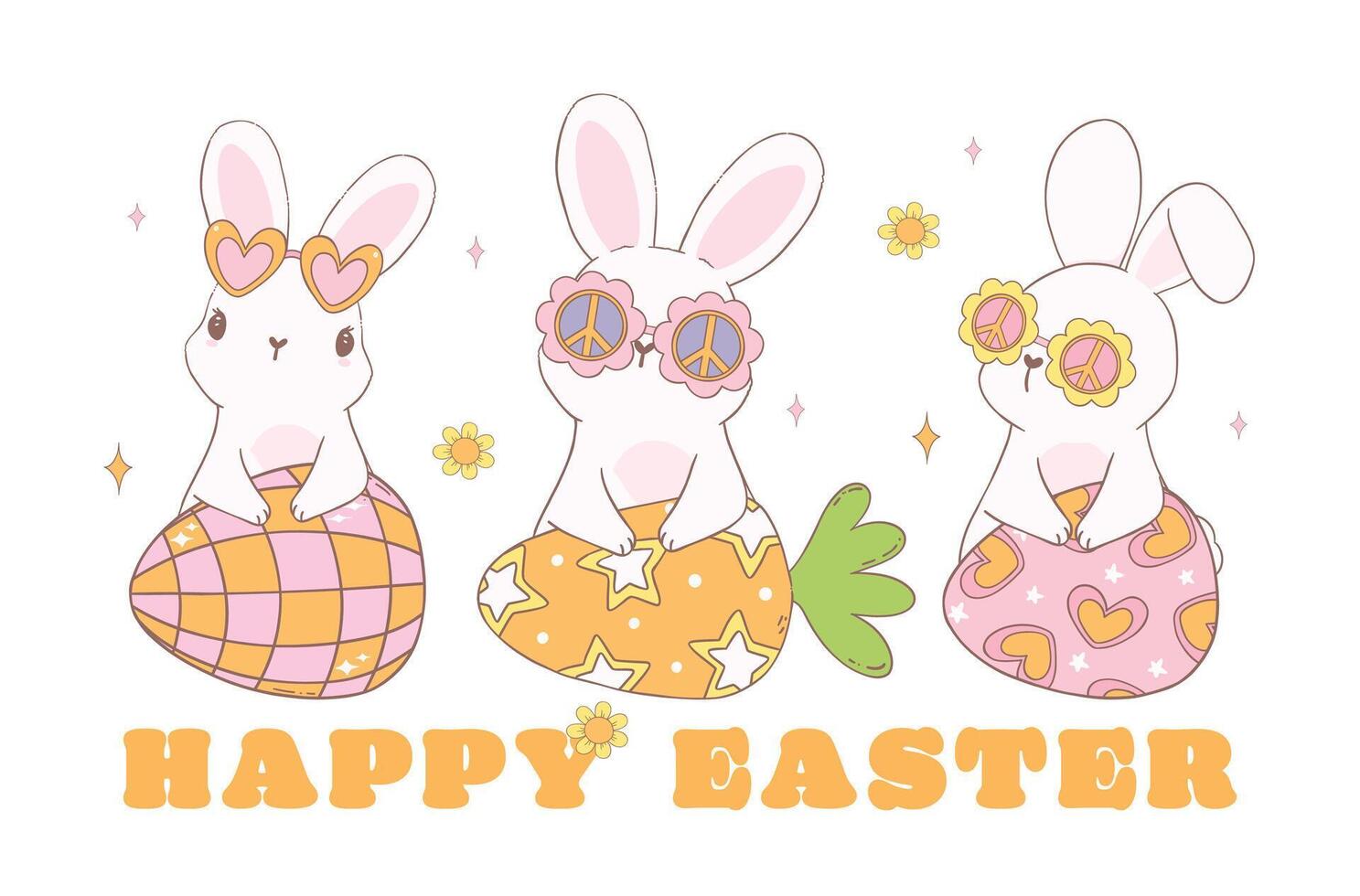 Group of Cute Happy Groovy Easter bunny with disco retro eggs. Playful cartoon banner doodle animal character hand drawing. vector