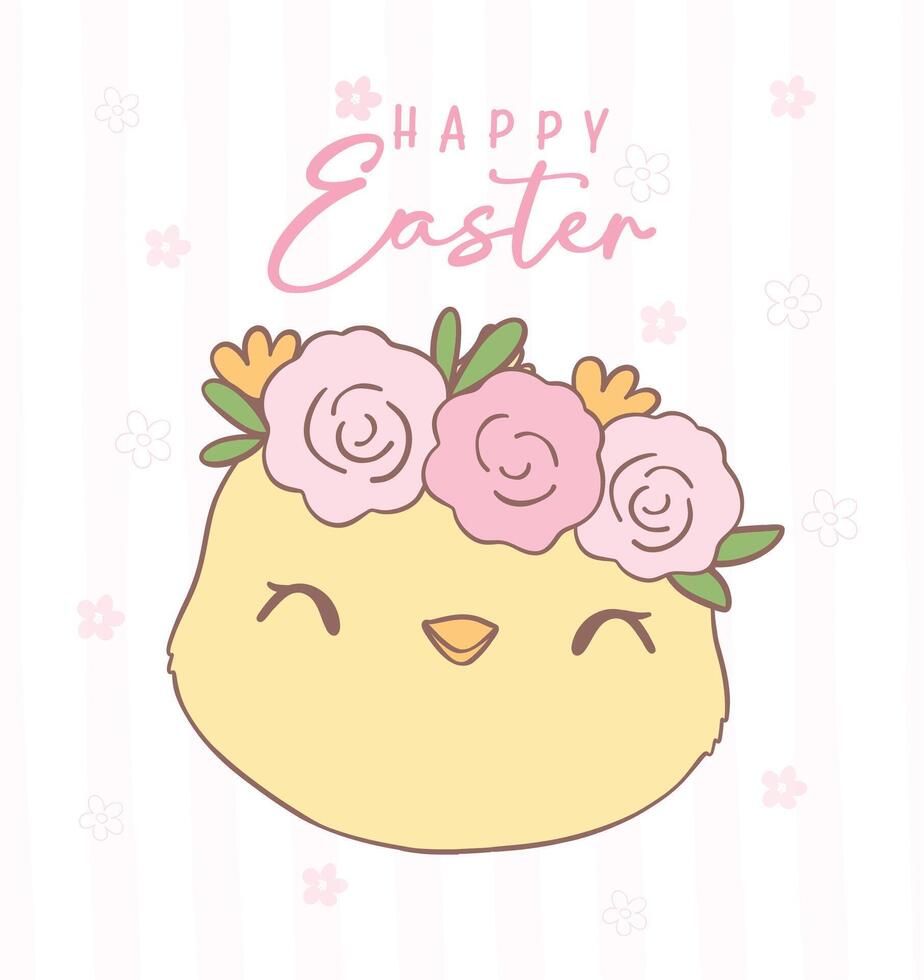 Cute Pink Coquette Easter Chick smiling face Cartoon, sweet Retro Happy Easter spring animal Hand Drawing. vector