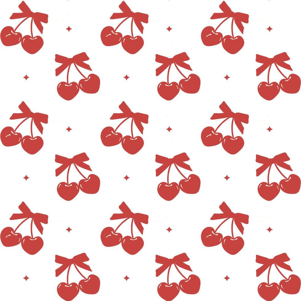 Coquette red cherry with bow seamless pattern isolated on white background. vector