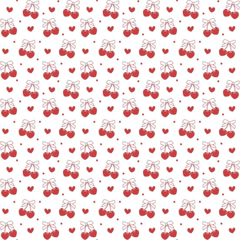 Coquette red cherry with bow seamless pattern isolated on white background. vector