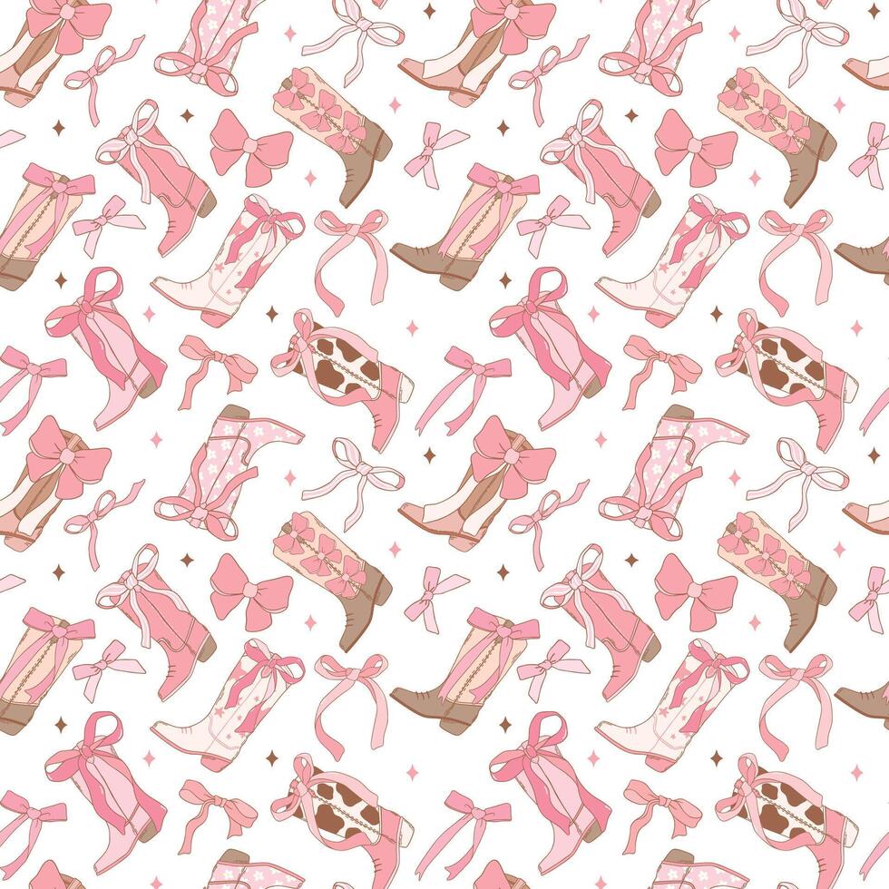 Coquette Pink cowgirl Boots pattern seamless, Girly Western Digital Paper isolated on white background. vector