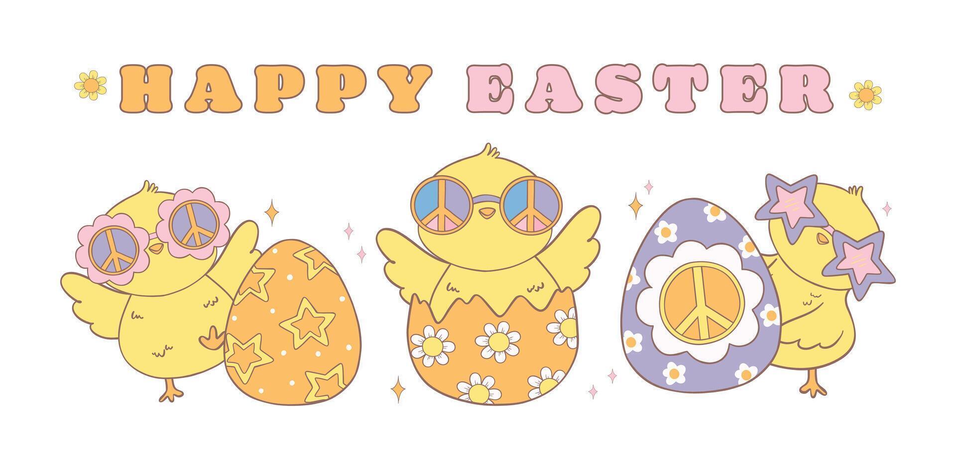 Cute Happy Groovy Easter Chicks with Retro Easter eggs banner. Playful cartoon doodle animal character hand drawing. vector