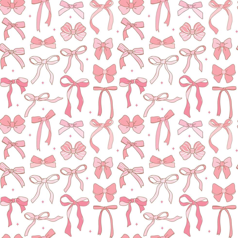 cute coquette aesthetic pattern seamless pink ribbon bow doodle outline isolated on white background vector