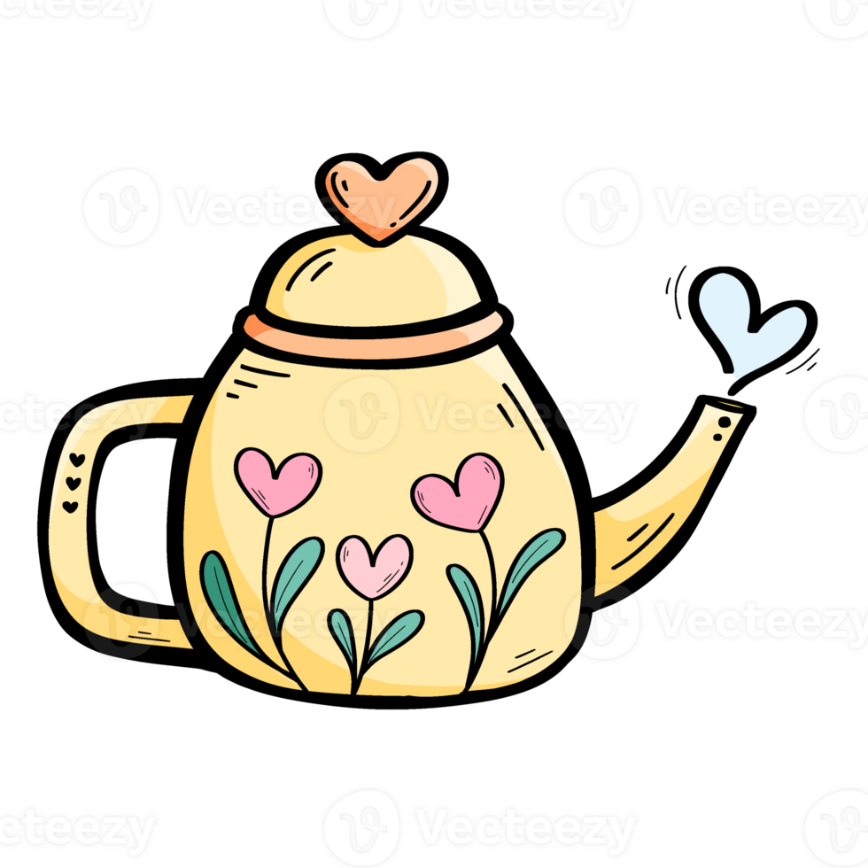 teapot with hearts and flowers on transparent background png