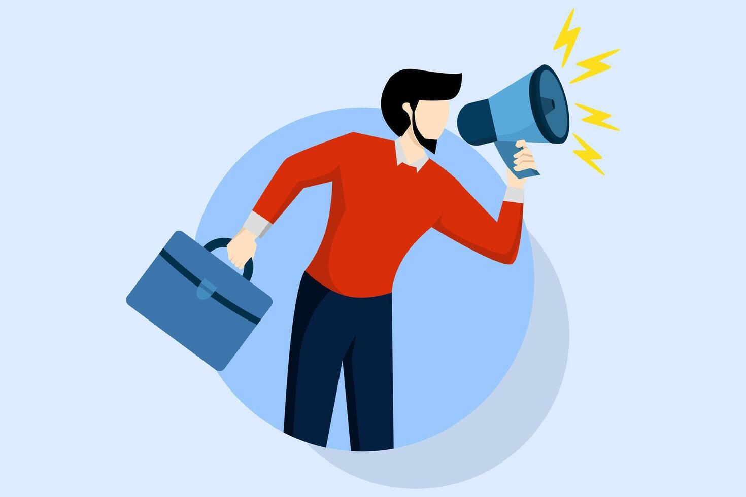 Social media promotion scene concept. Characters use large speakers to communicate with the audience. Business promotion, advertising, horn calling, online warning. Offer sales and discounts. vector