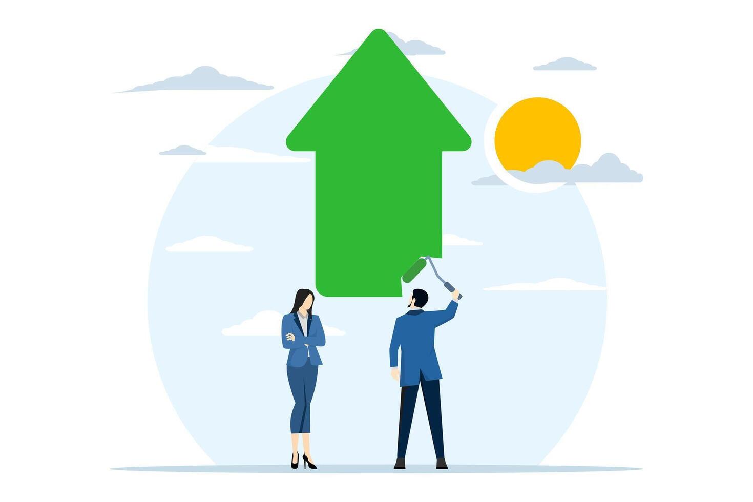 businessman partner help to paint green growth arrow graphic, Business profit growth, career advancement or development, investment income go up or partnership to help develop business concept. vector