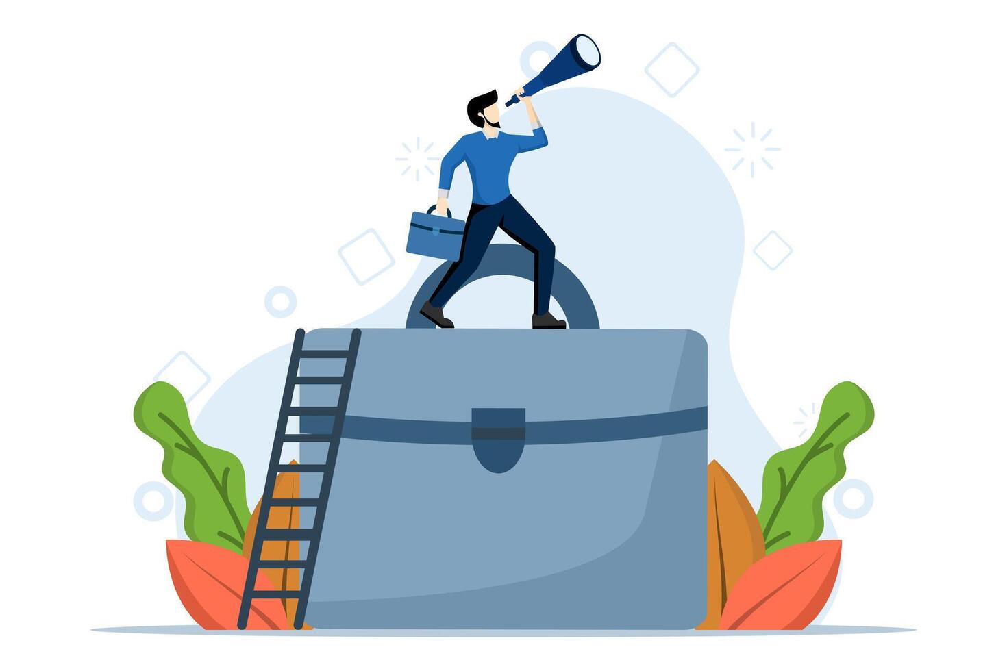 Future career concept, hope for successful job or career search, job promotion or business strategy, ambition to find job opportunities, businessman climbing suitcase looking through binoculars. vector