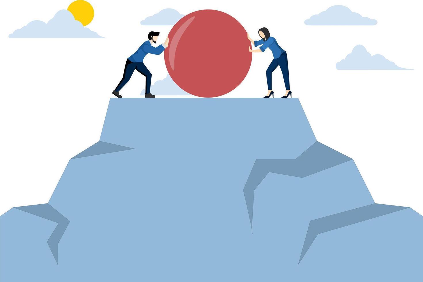 Concept of business competition, knocking each other down, leadership competition between two businessmen pushing a big rock to each other to eliminate the competition. flat vector illustration.